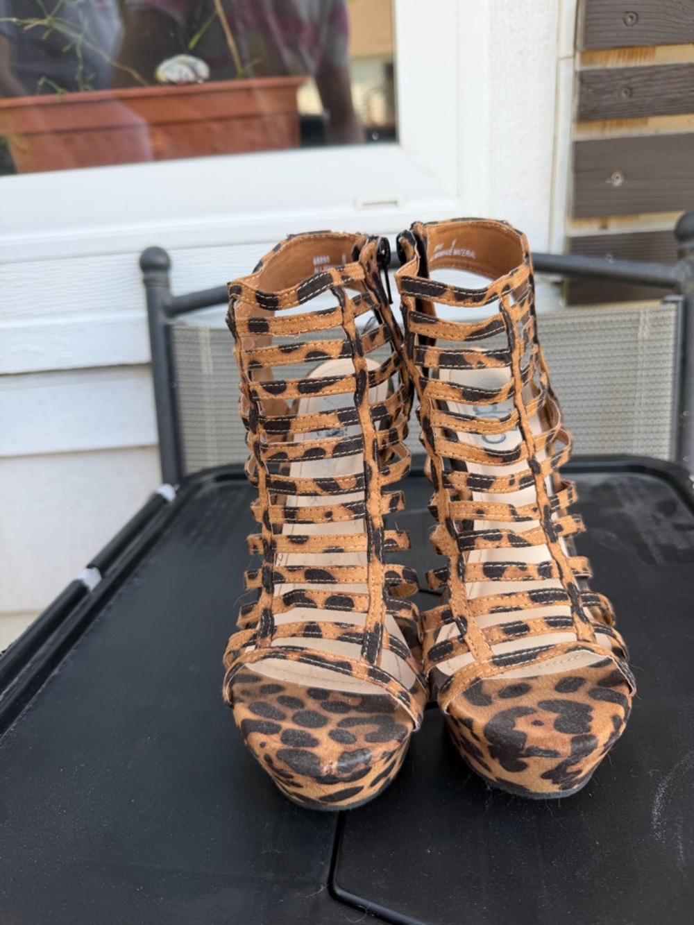Leopard Print Strappy Platform Heels - Tan/Black